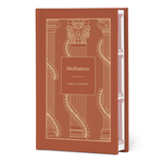 Book titled 'Meditations' by Marcus Aurelius with decorative cover design on a white background