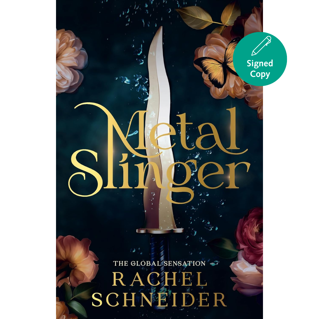 Book cover of 'Metal Slinger' by Rachel Schneider with a sword and flowers on a dark background.
