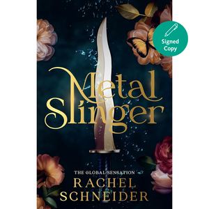 Book cover of 'Metal Slinger' by Rachel Schneider with a sword and flowers on a dark background.