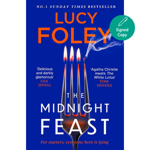 Book cover of 'The Midnight Feast' by Lucy Foley with a fork and candles design.