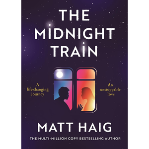 Book cover of 'The Midnight Train' by Matt Haig with a silhouette of two people on a train against a starry night sky.