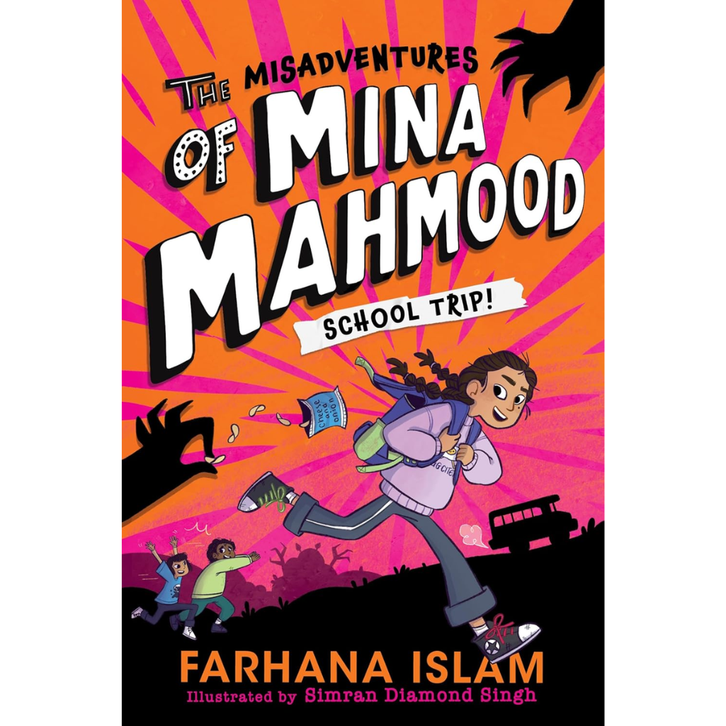 Book cover of 'The Misadventures of Mina Mahmood: School Trip!' with a colorful design and character illustration.