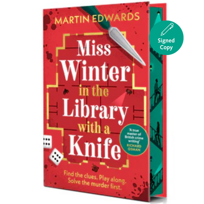 Book titled 'Miss Winter in the Library with a Knife' by Martin Edwards on a white background