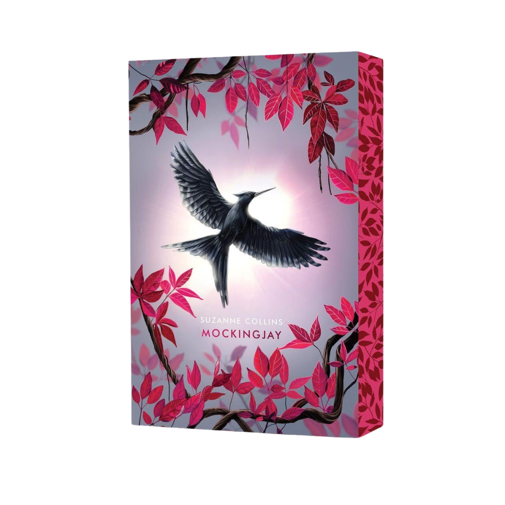 Book cover of 'Mockingjay' with a bird and pink leaves on a white background