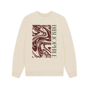 Beige sweatshirt with marbled design and 'BIBLIOPHILE' text on a white background