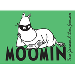 Moomin character reading a book with 'Moomin' text on a green background