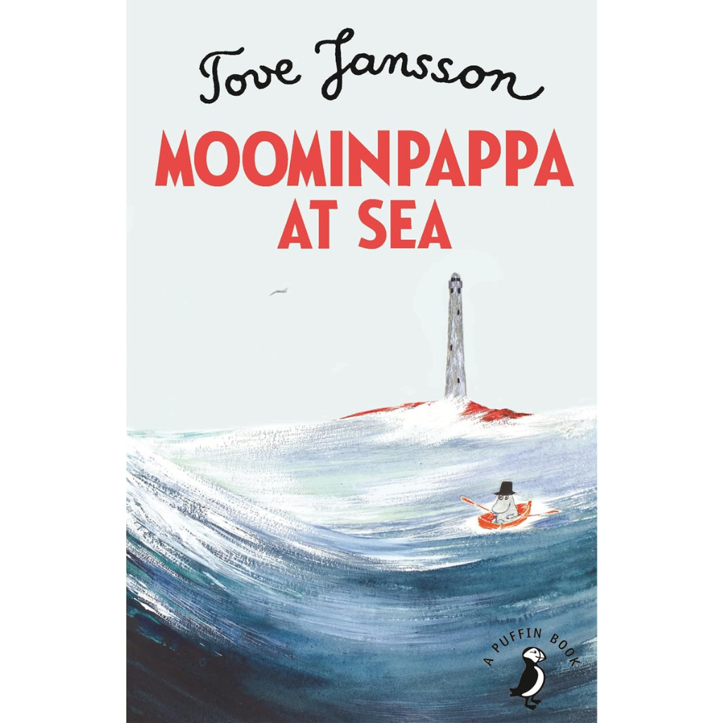 Book cover of 'Moominpappa at Sea' by Tove Jansson with a lighthouse and boat illustration.