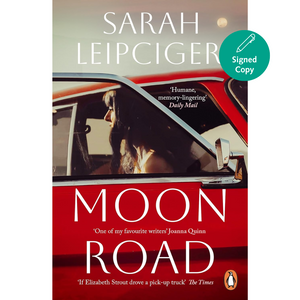 Book cover of 'Moon Road' by Sarah Leipciger with a red car and person inside.