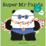 Book cover of 'Super Mr Panda' with a panda character wearing a superhero costume on a green background.