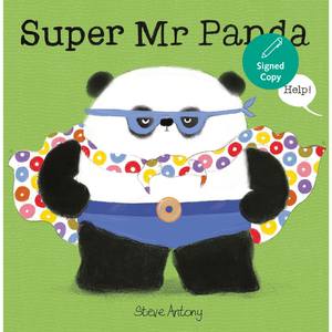 Book cover of 'Super Mr Panda' with a panda character wearing a superhero costume on a green background.