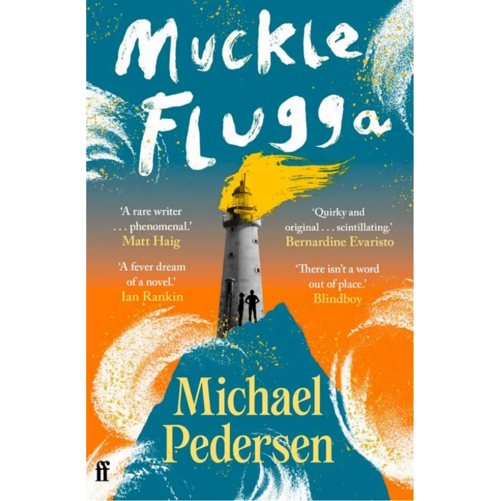 Book cover of 'Muckle Flugga' by Michael Pedersen with a lighthouse and ocean design.