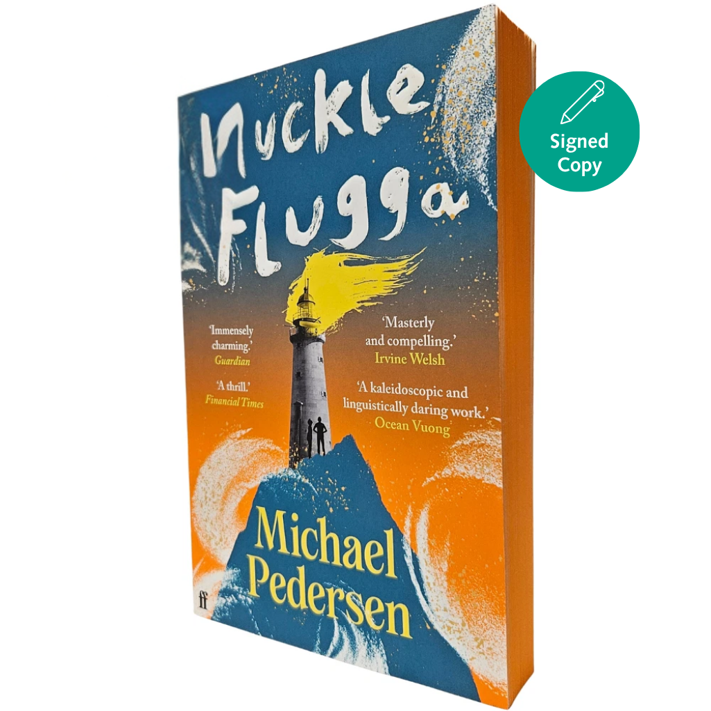 Book cover of 'Muckle Flugga' by Michael Pedersen with a lighthouse illustration on a blue and orange background.