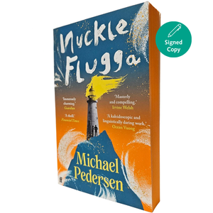 Book cover of 'Muckle Flugga' by Michael Pedersen with a lighthouse illustration on a blue and orange background.