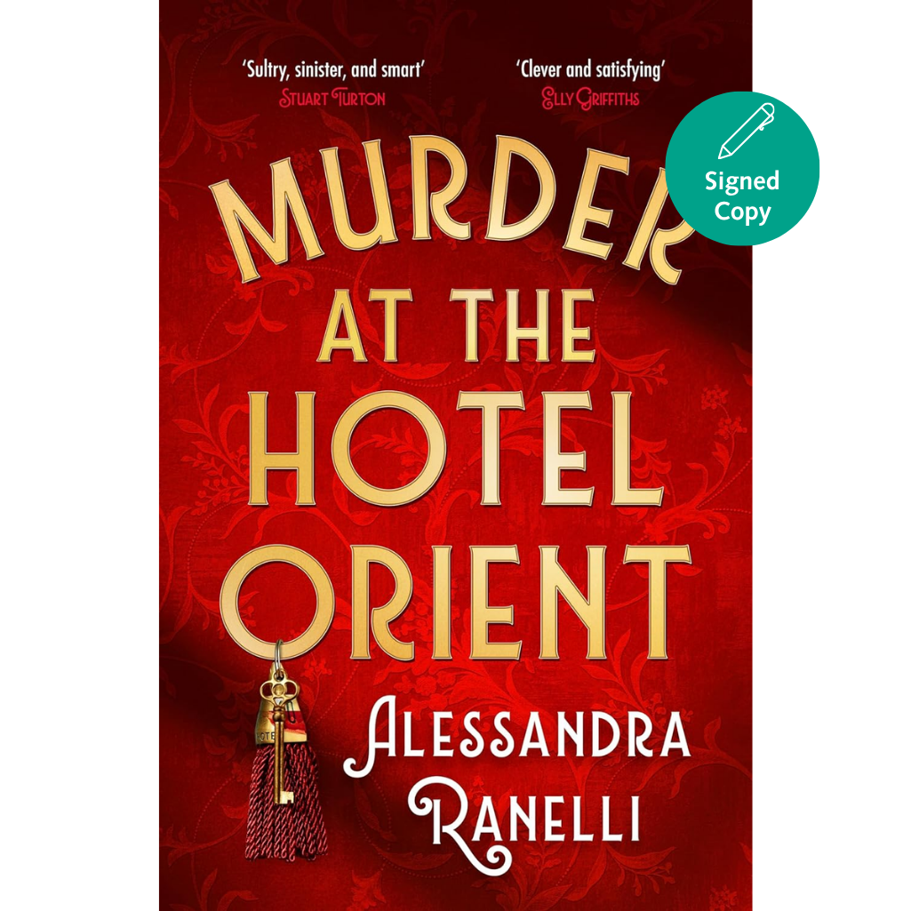 Book cover of 'Murder at the Hotel Orient' with red background and gold text.