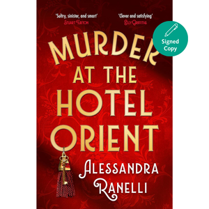Book cover of 'Murder at the Hotel Orient' with red background and gold text.