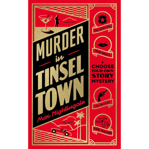 Book cover of 'Murder in Tinsel Town' with red and black design elements.