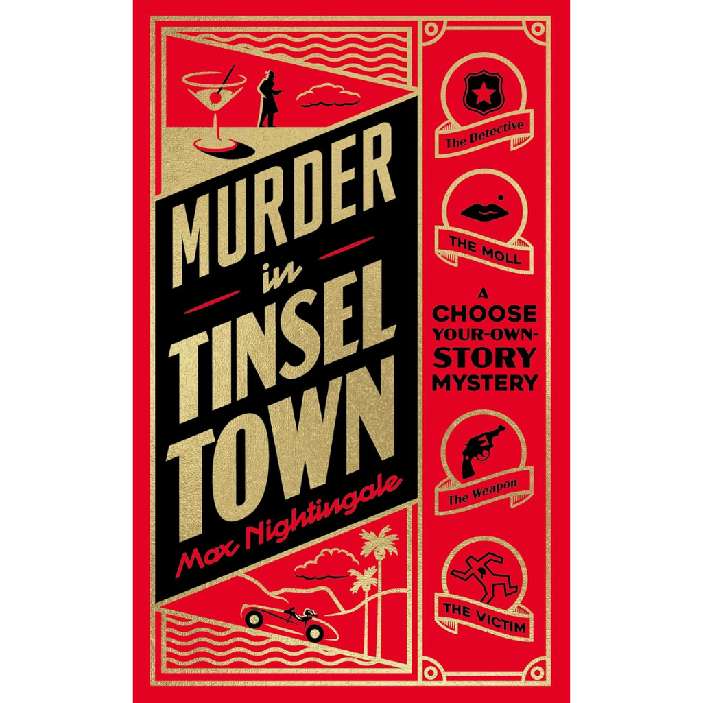 Book cover of 'Murder in Tinsel Town' with red and black design elements.