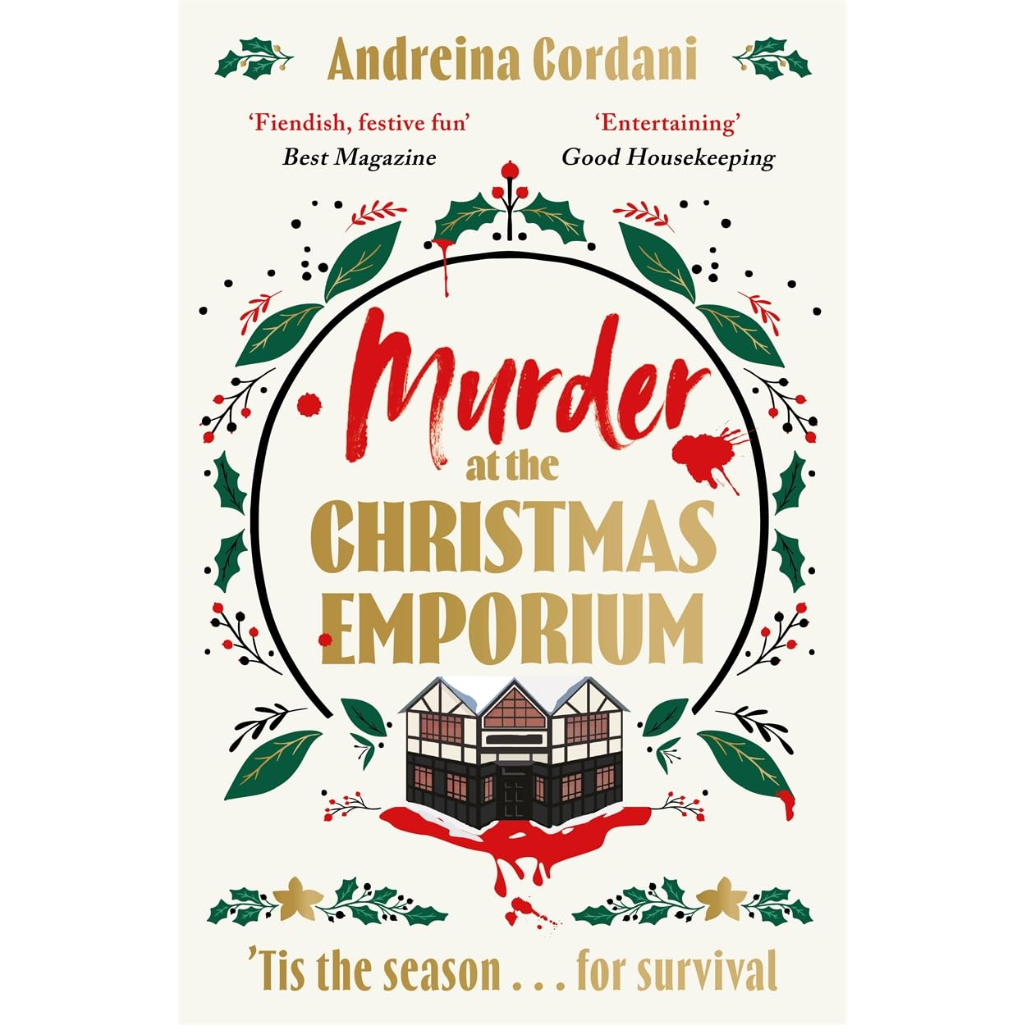Book cover of 'Murder at the Christmas Emporium' with festive design elements.