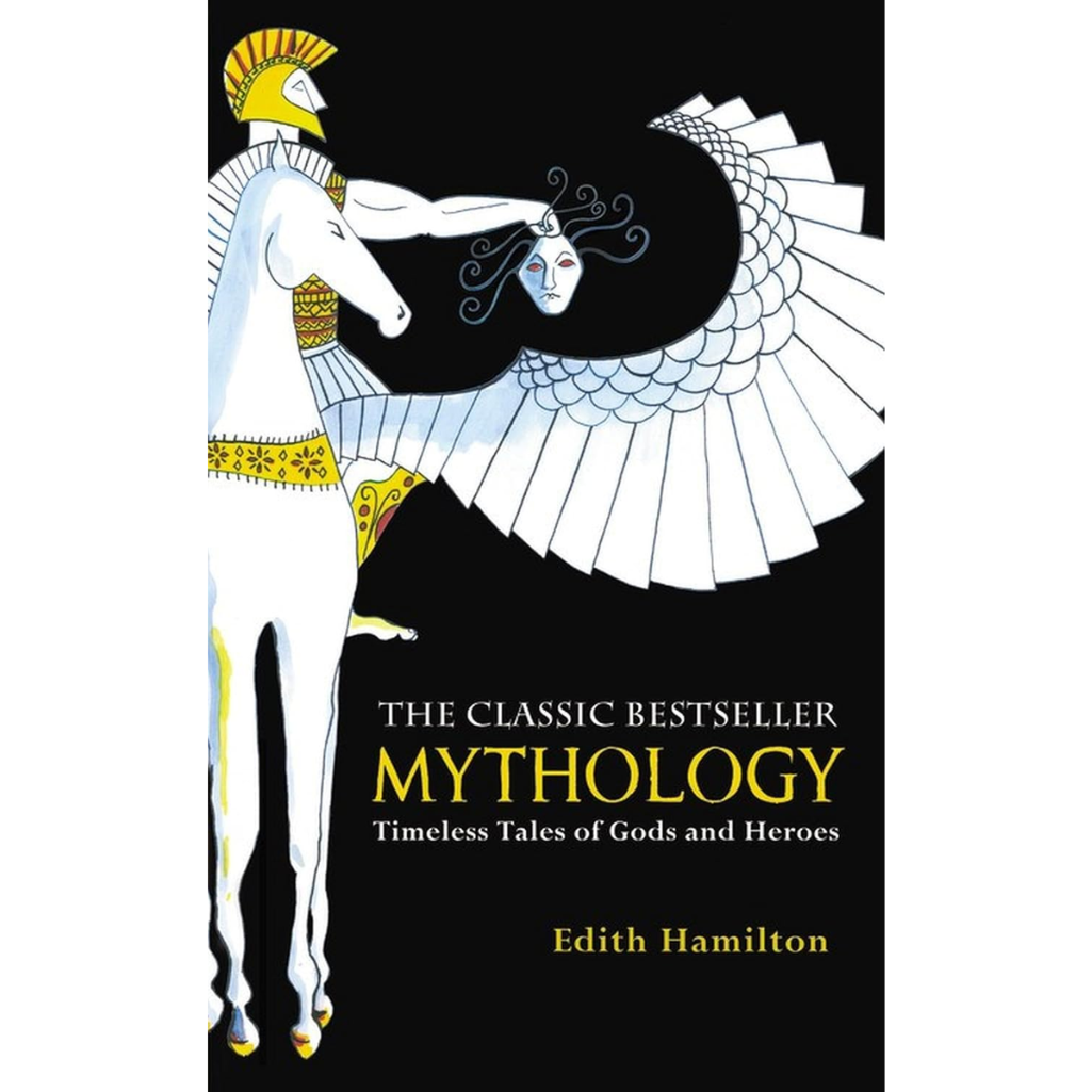 Book cover of 'Mythology' by Edith Hamilton with classical illustration on a black background