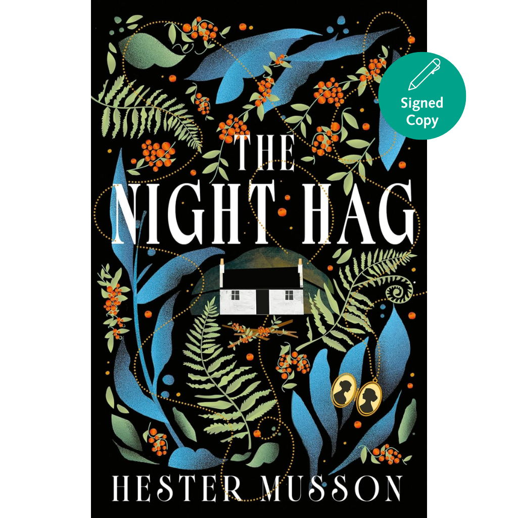 Book cover of 'The Night Hag' by Hester Musson with decorative elements and a signed copy label.