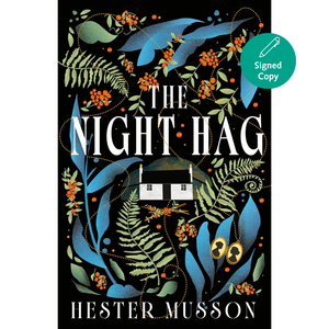 Book cover of 'The Night Hag' by Hester Musson with decorative elements and a signed copy label.