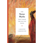 Book cover of 'The Norse Myths That Shape the Way We Think' by Carolyne Larrington with a painting of a figure in red robes.
