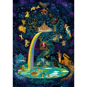 Fantasy scene with rainbow, castle, and celestial beings against a starry night sky.