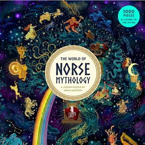 Jigsaw puzzle box cover featuring Norse mythology with colorful illustrations and a rainbow.