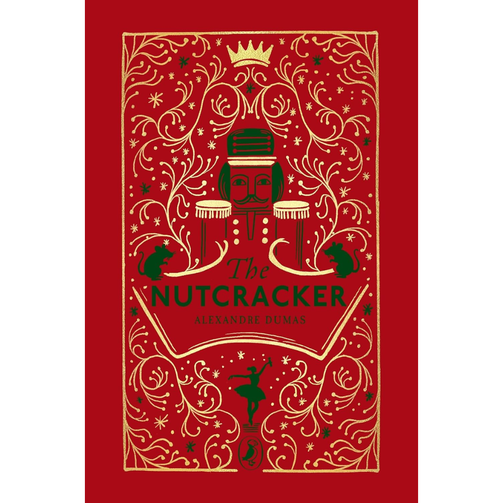 Book cover of 'The Nutcracker' with decorative elements on a red background