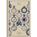 Book cover of 'Oliver Twist' by Charles Dickens with blue clock designs on a beige background