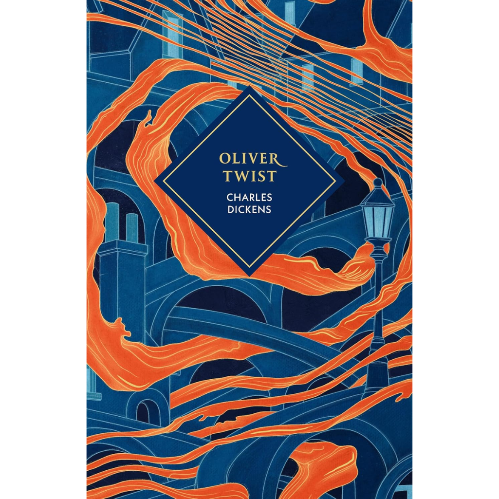 Book cover of 'Oliver Twist' by Charles Dickens with blue and orange design