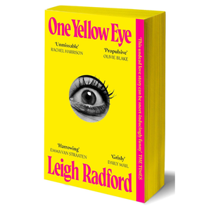 Book cover of 'One Yellow Eye' by Leigh Radford with a yellow background and eye illustration.