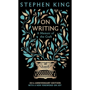 Book cover of 'On Writing: A Memoir of the Craft' by Stephen King with decorative elements and typewriter illustration.