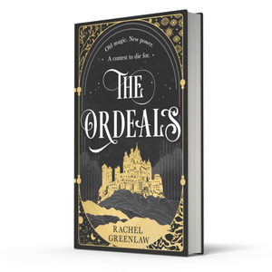 Book cover of 'The Ordeals' by Rachel Greenlaw with a castle illustration on a black background