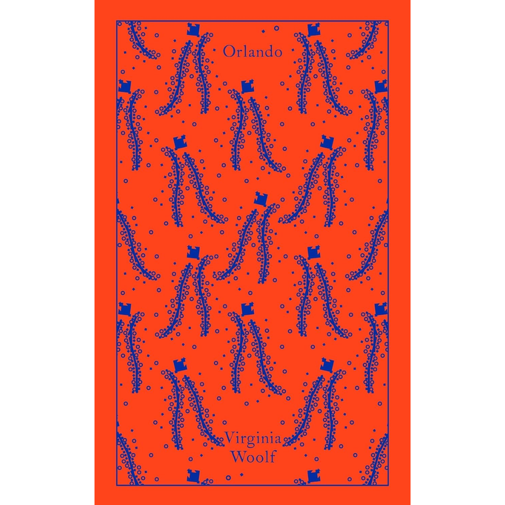 Book cover of 'Orlando' by Virginia Woolf with a red background and blue text.