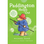 Book cover of 'Paddington Helps Out' with Paddington Bear fishing on a green background