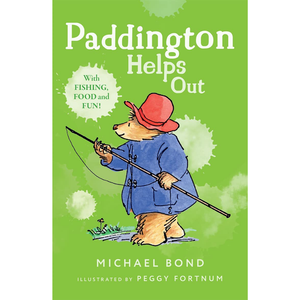 Book cover of 'Paddington Helps Out' with Paddington Bear fishing on a green background