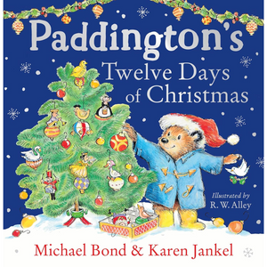 Book cover of 'Paddington's Twelve Days of Christmas' with Paddington Bear decorating a Christmas tree.