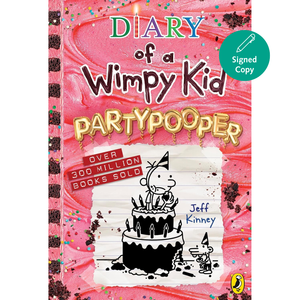 Book cover of 'Diary of a Wimpy Kid: Partypooper' with a pink background and birthday cake illustration.