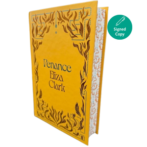 Book titled 'Penance' by Eliza Clark with decorative yellow cover and green 'Signed Copy' label.