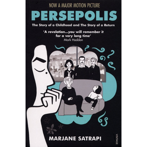 Book cover of 'Persepolis' with illustrations and text about the story and author.