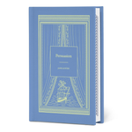 Blue book cover of 'Persuasion' by Jane Austen with decorative elements on a white background