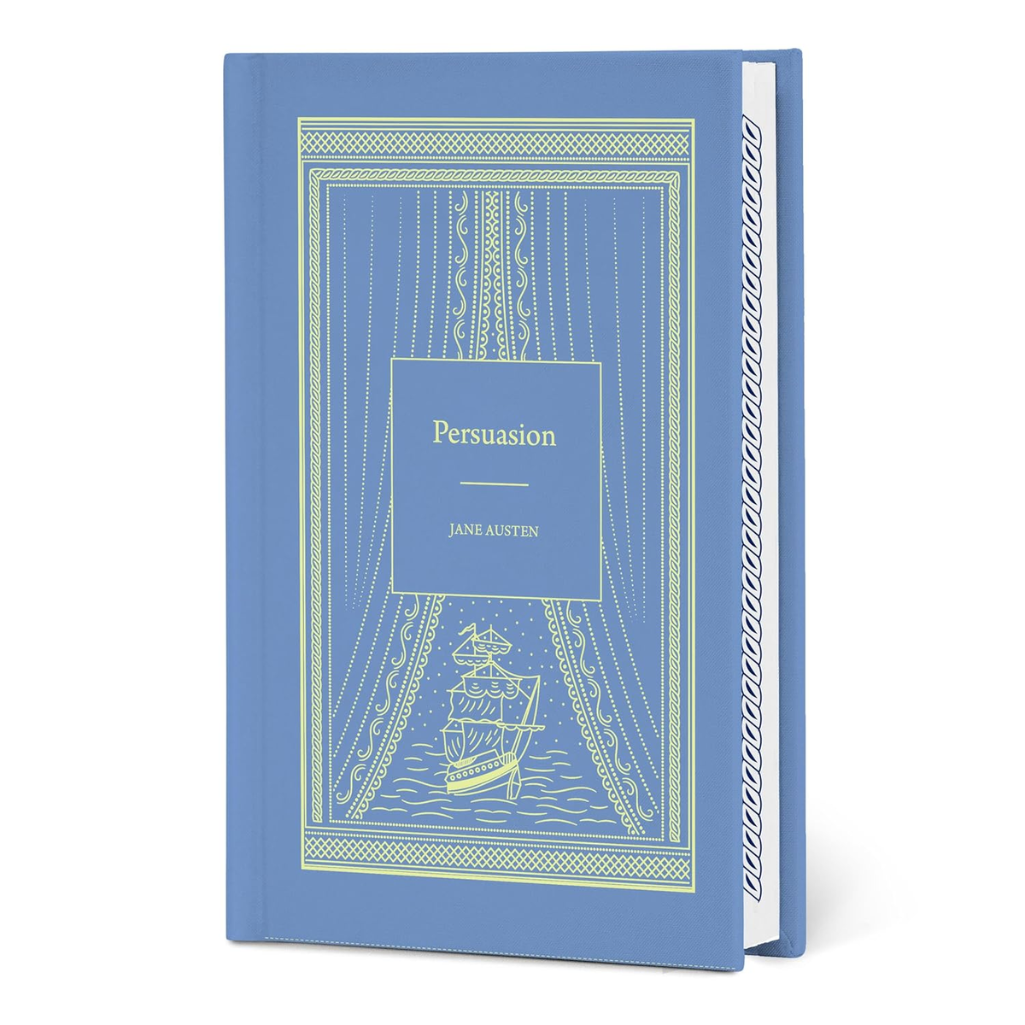 Blue book cover of 'Persuasion' by Jane Austen with decorative elements on a white background