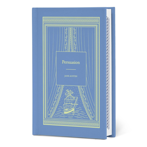 Blue book cover of 'Persuasion' by Jane Austen with decorative elements on a white background