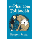 Book cover of 'The Phantom Tollbooth' with illustration of a boy and a large clock.