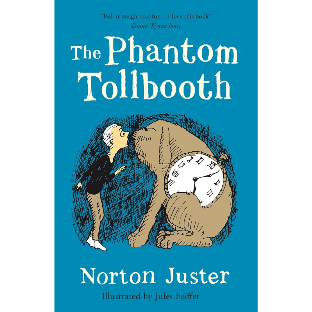 Book cover of 'The Phantom Tollbooth' with illustration of a boy and a large clock.