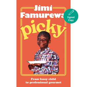 Book cover of 'picky' by Jimi Famurewa with a child holding a plate on an orange background.