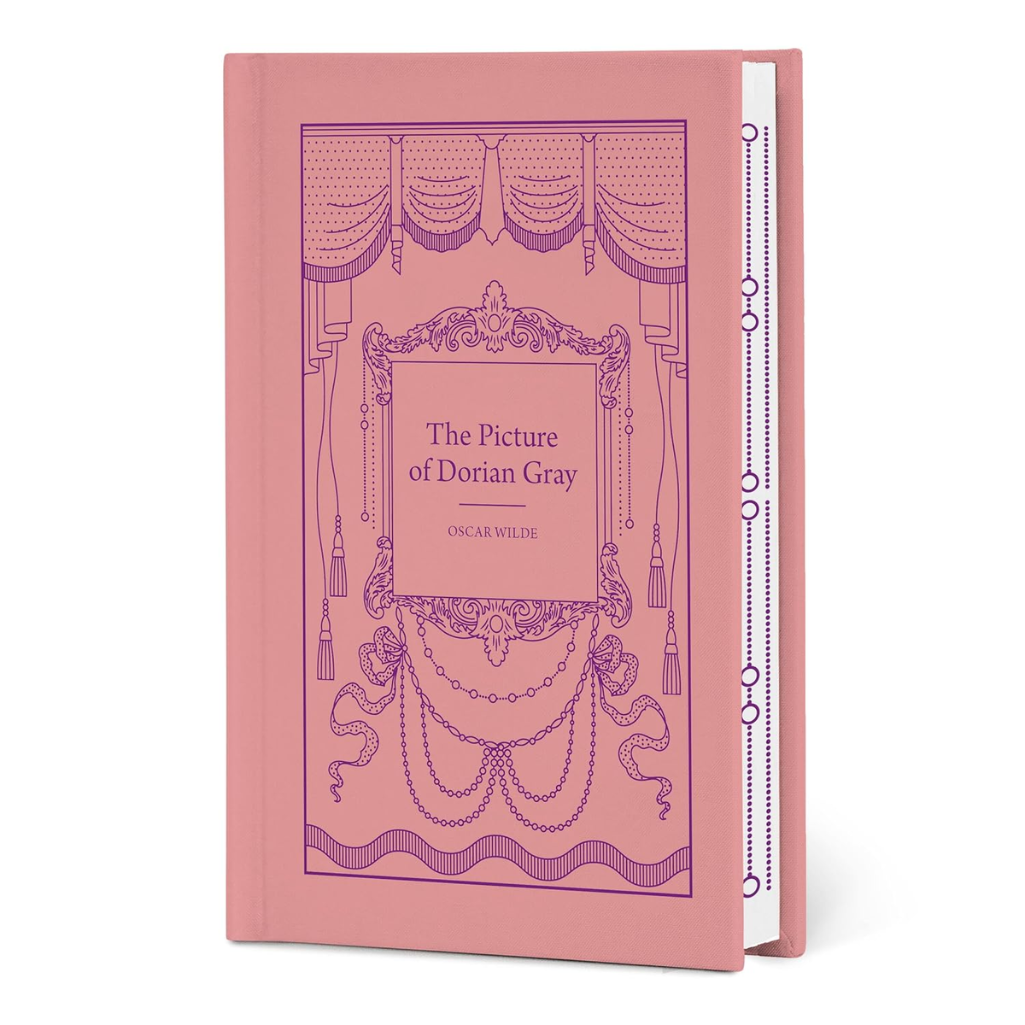 Pink book cover of 'The Picture of Dorian Gray' with decorative purple design on a white background