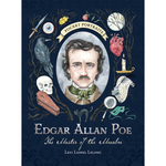 Book cover of 'Edgar Allan Poe: The Master of the Macabre' with portrait and symbols on a dark blue background