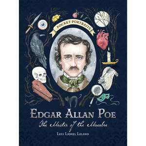 Book cover of 'Edgar Allan Poe: The Master of the Macabre' with portrait and symbols on a dark blue background